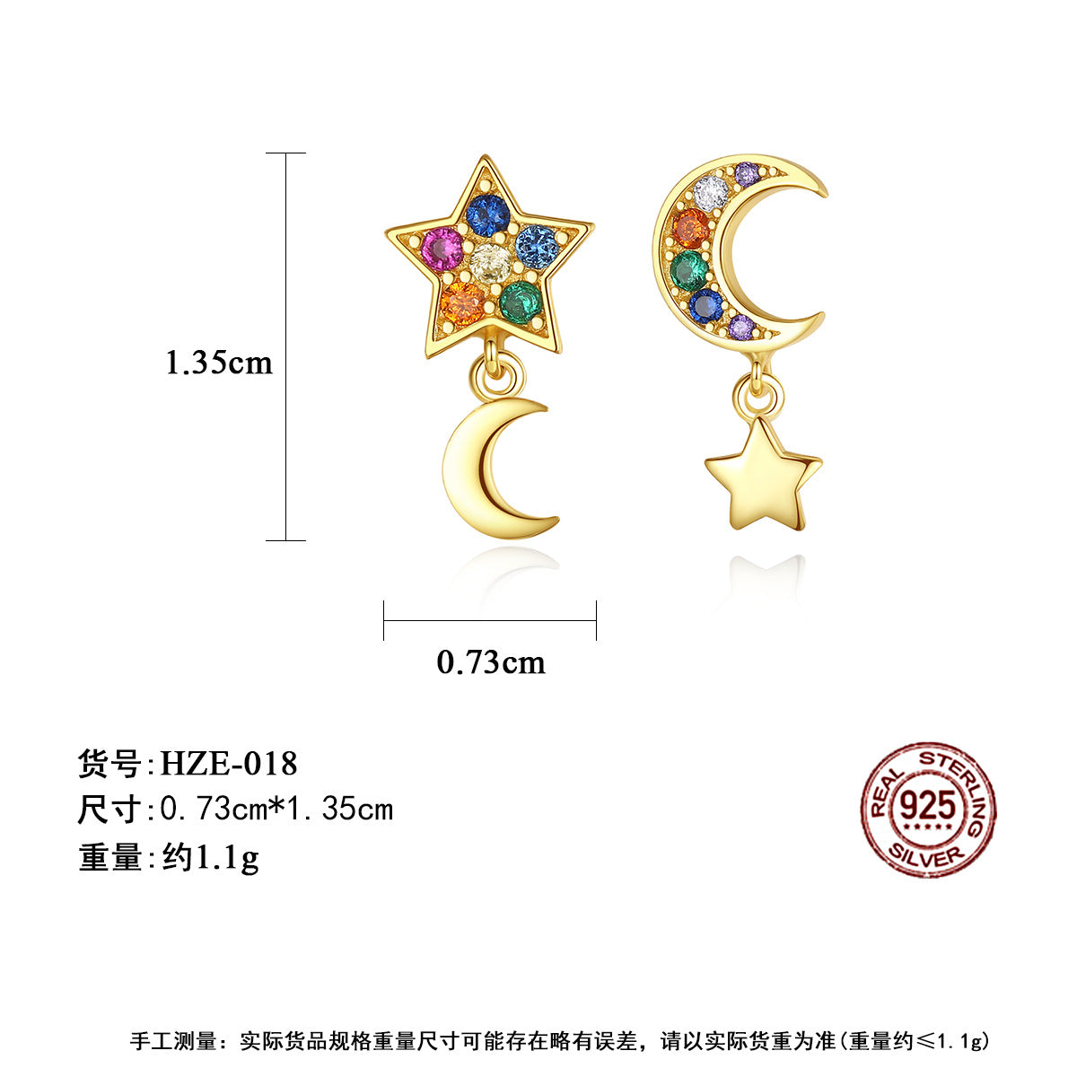S925 Silver Stud Earrings Drop Colored Zirconia Star Moon Delicate Small Earrings